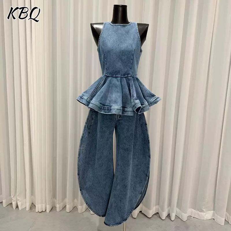 Vintage Fashion Style Female - Ensemble deux pièces plissé bleu KBQ