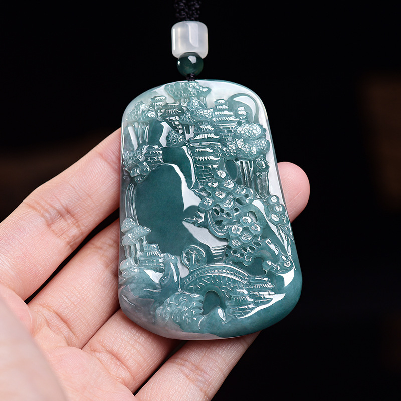 Usa Vintage Fashion - Collier pendentif paysage en jadéite birmane